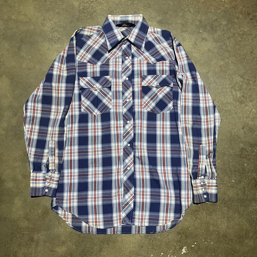 Vintage 70s Lariat Blue Plaid Western Pearl Snap Shirt